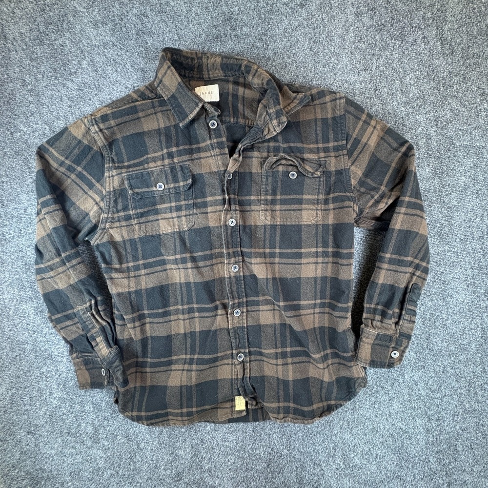 Jachs Flannel Shirt Mens Large Brown Blue Plaid Cotton Pockets Button Front